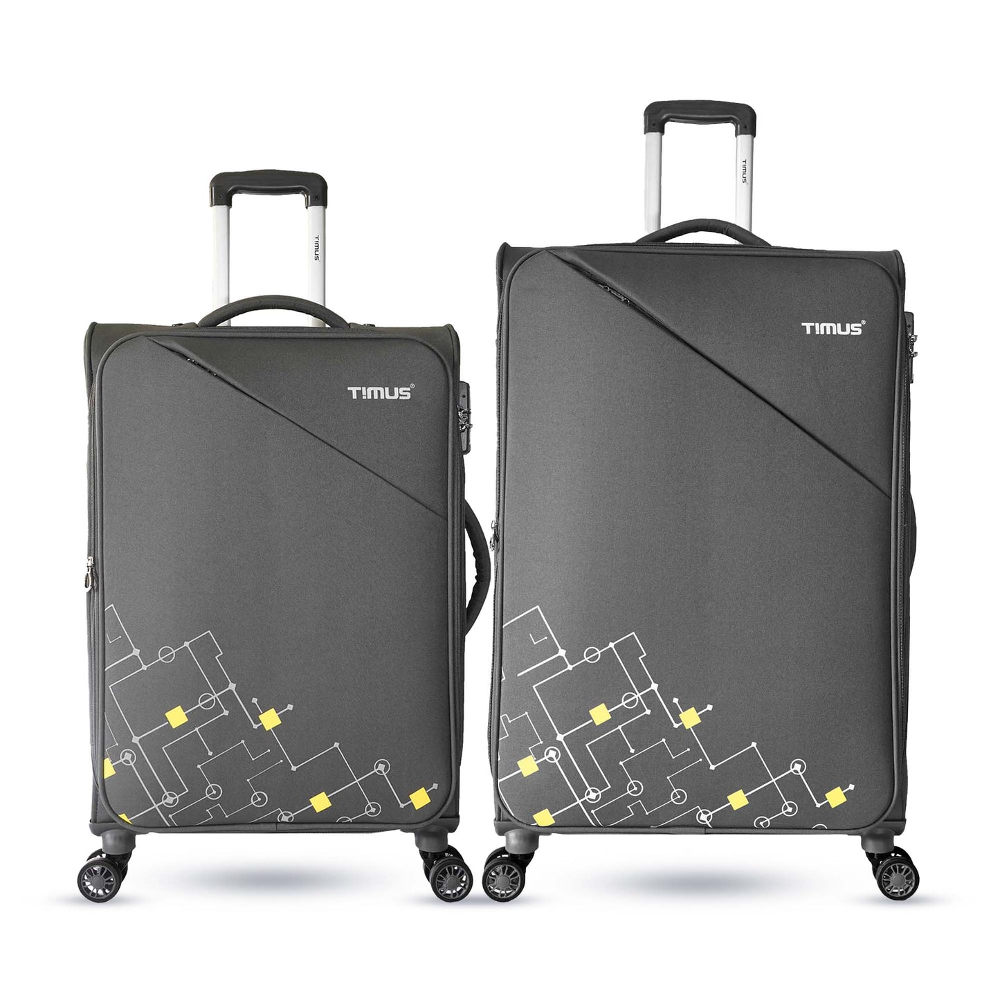 Front angled view of Timus Flash Plus grey 68cm and 78cm soft trolley luggage combo showcasing durable fabric finish, aluminium telescopic handles, and 360° spinner wheels for easy mobility.