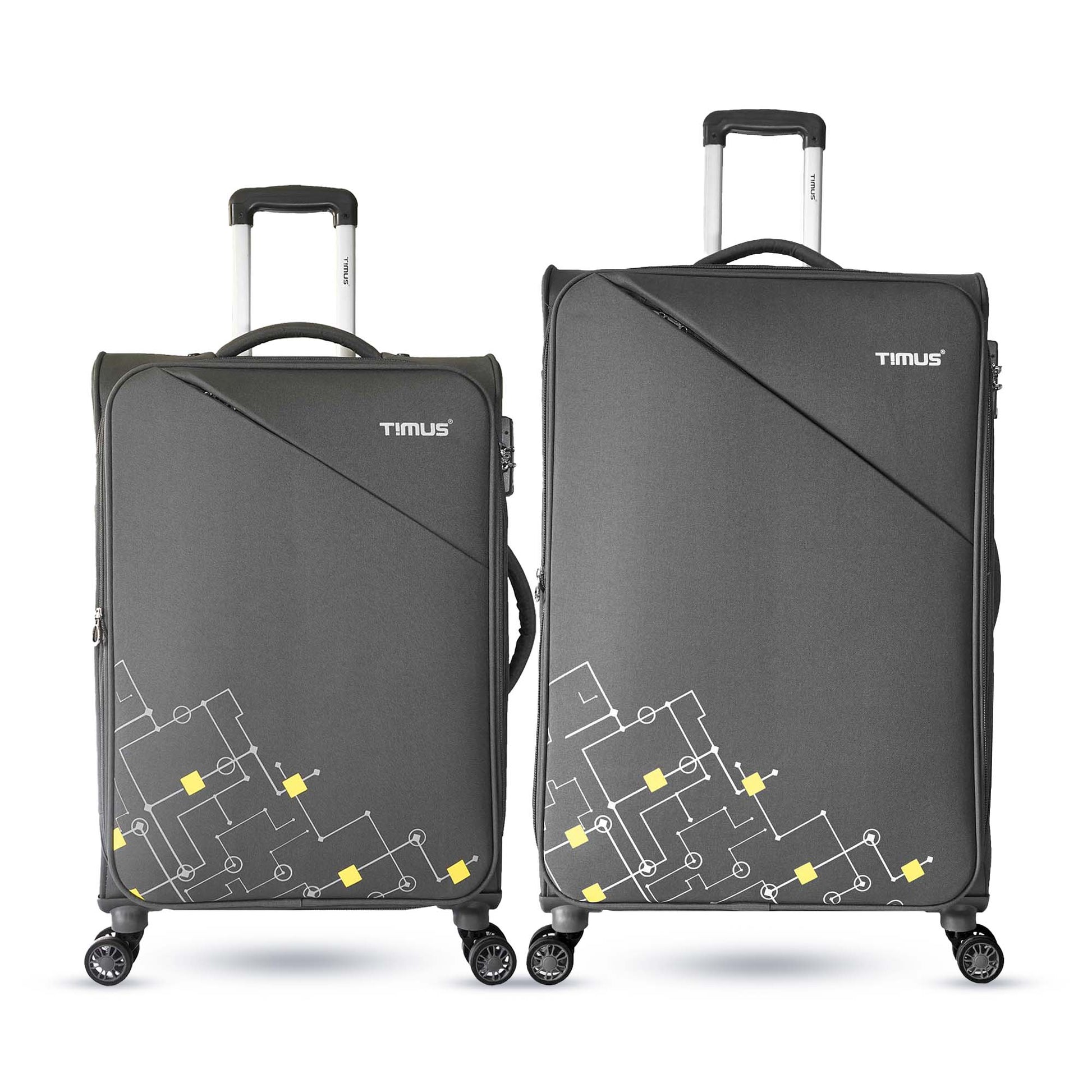 Front angled view of Timus Flash Plus grey 68cm and 78cm soft trolley luggage combo showcasing durable fabric finish, aluminium telescopic handles, and 360° spinner wheels for easy mobility.