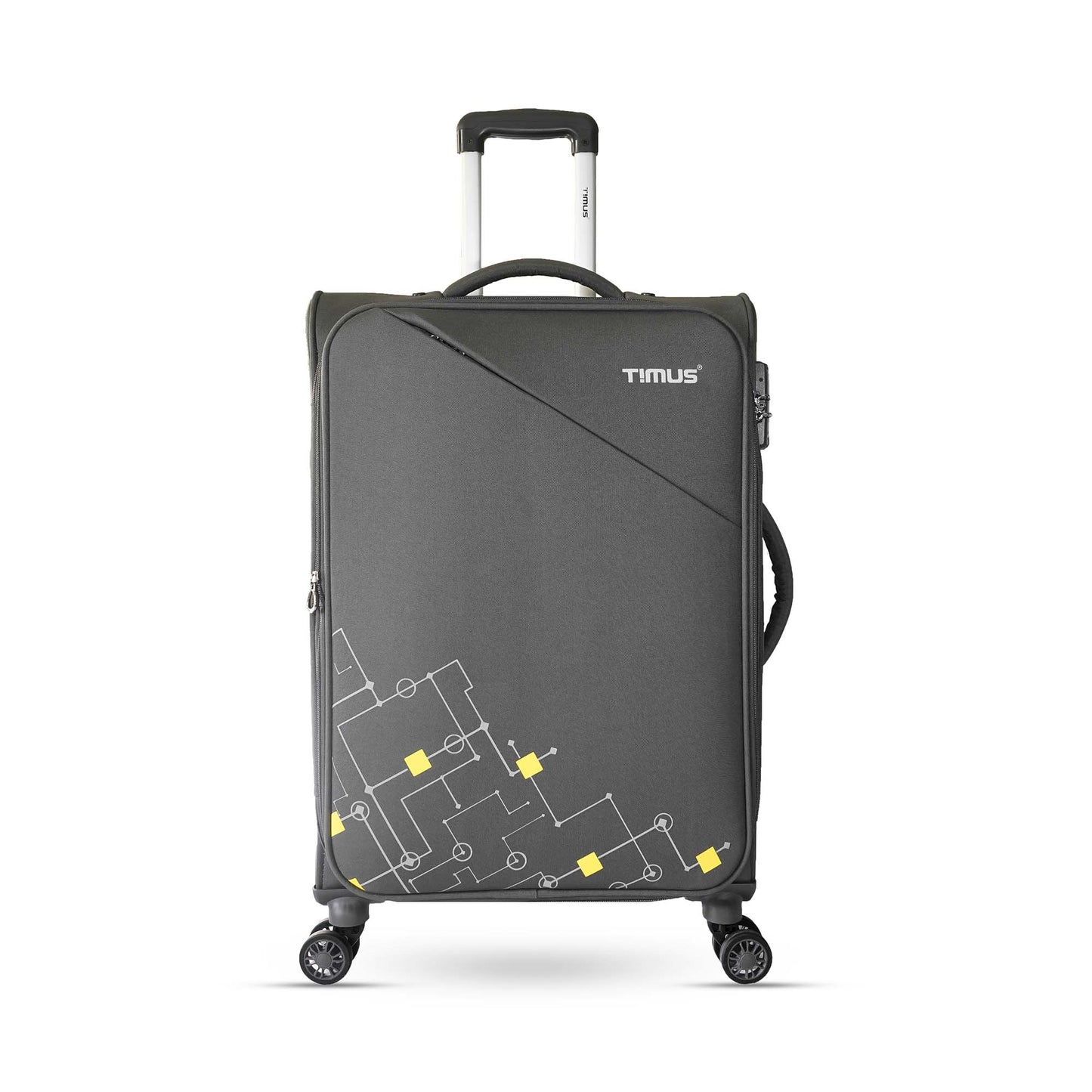 Front angled view of Timus Flash Plus grey 68cm medium check-in soft trolley luggage with aluminium handle, silent spinner wheels, and refined modern design.