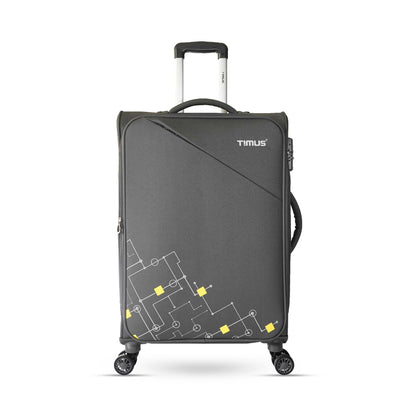 Front angled view of Timus Flash Plus grey 68cm medium check-in soft trolley luggage with aluminium handle, silent spinner wheels, and refined modern design.