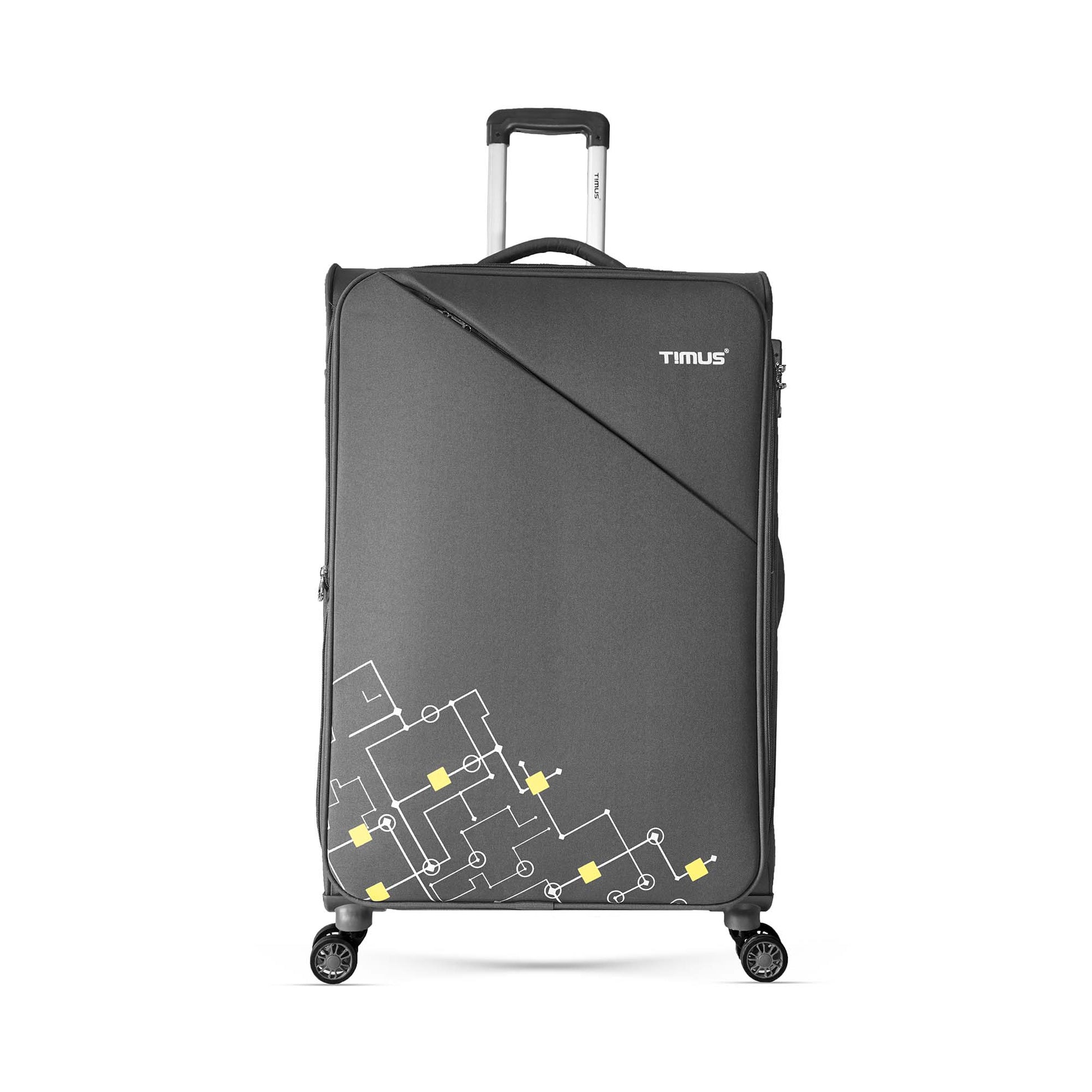 Front angled view of Timus Flash Plus grey 78cm large soft trolley luggage showing aluminium push-button handle, smooth spinner wheels, and durable travel-ready build.
