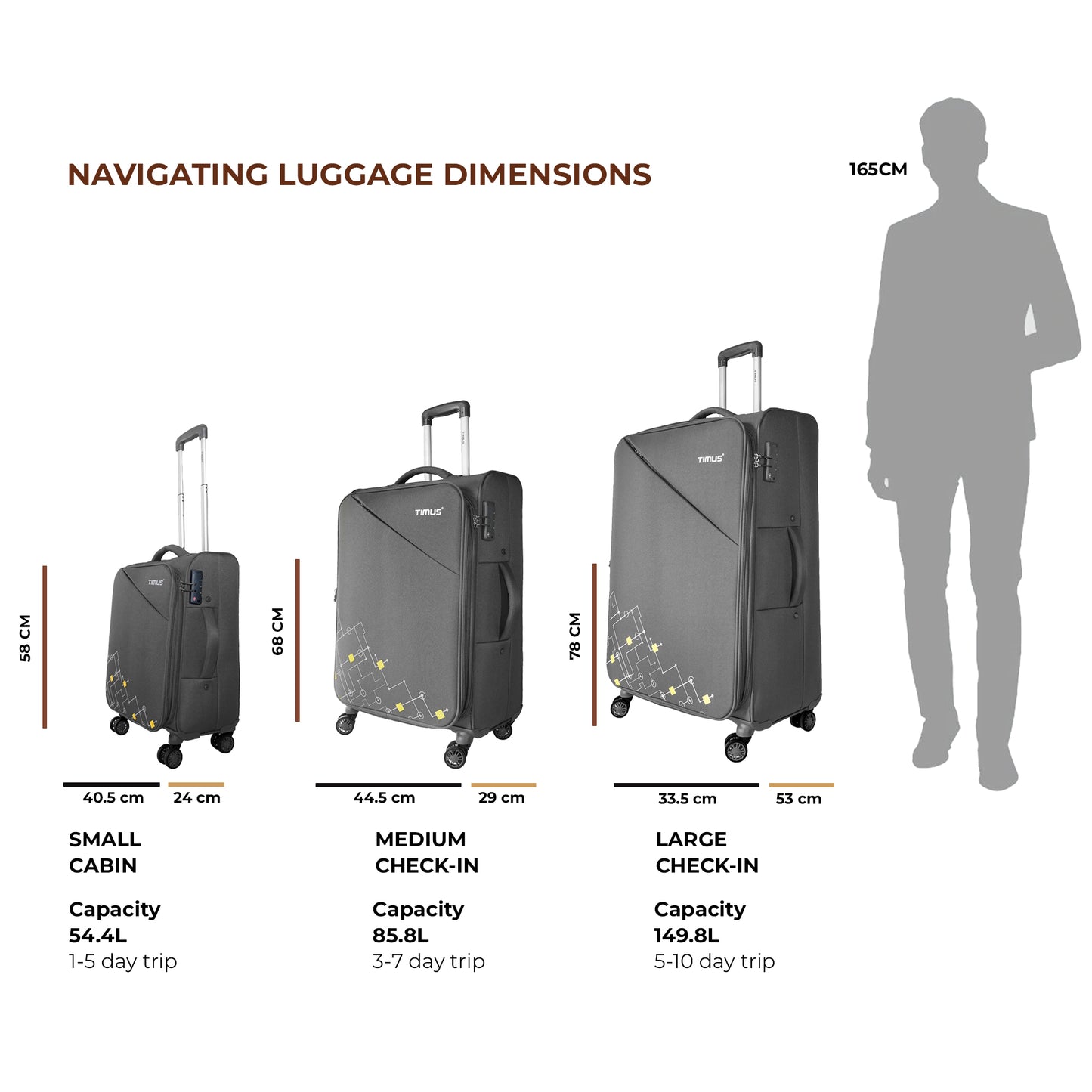 Timus Flash Plus grey luggage dimension chart showing measurements for 58cm, 68cm, and 78cm sizes.
