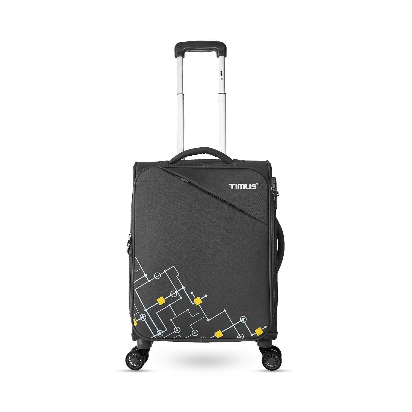 Front angled view of Timus Flash Plus grey soft trolley luggage with telescopic handle, premium zipper, and modern minimalist texture.