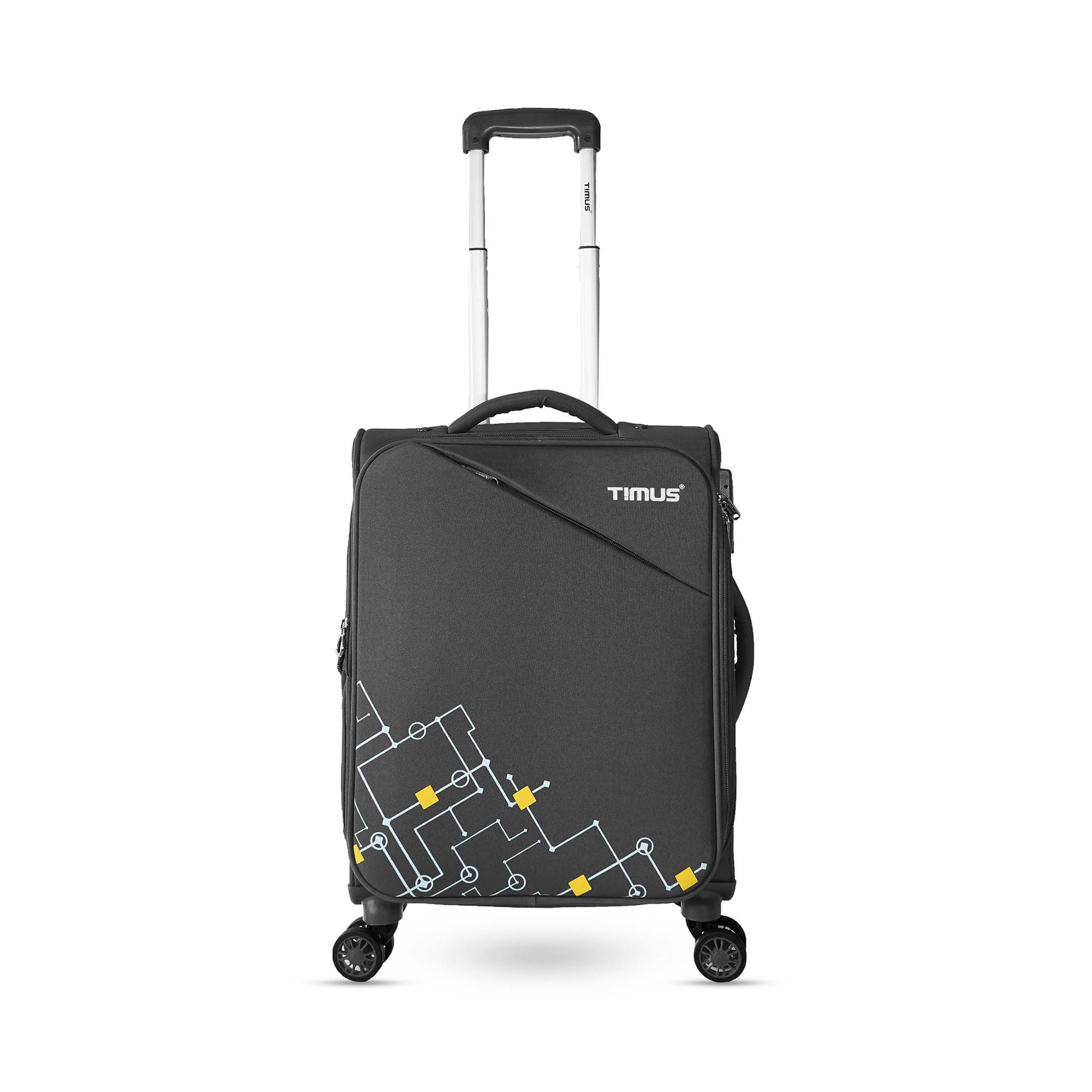 Front angled view of Timus Flash Plus grey soft trolley luggage with telescopic handle, premium zipper, and modern minimalist texture.