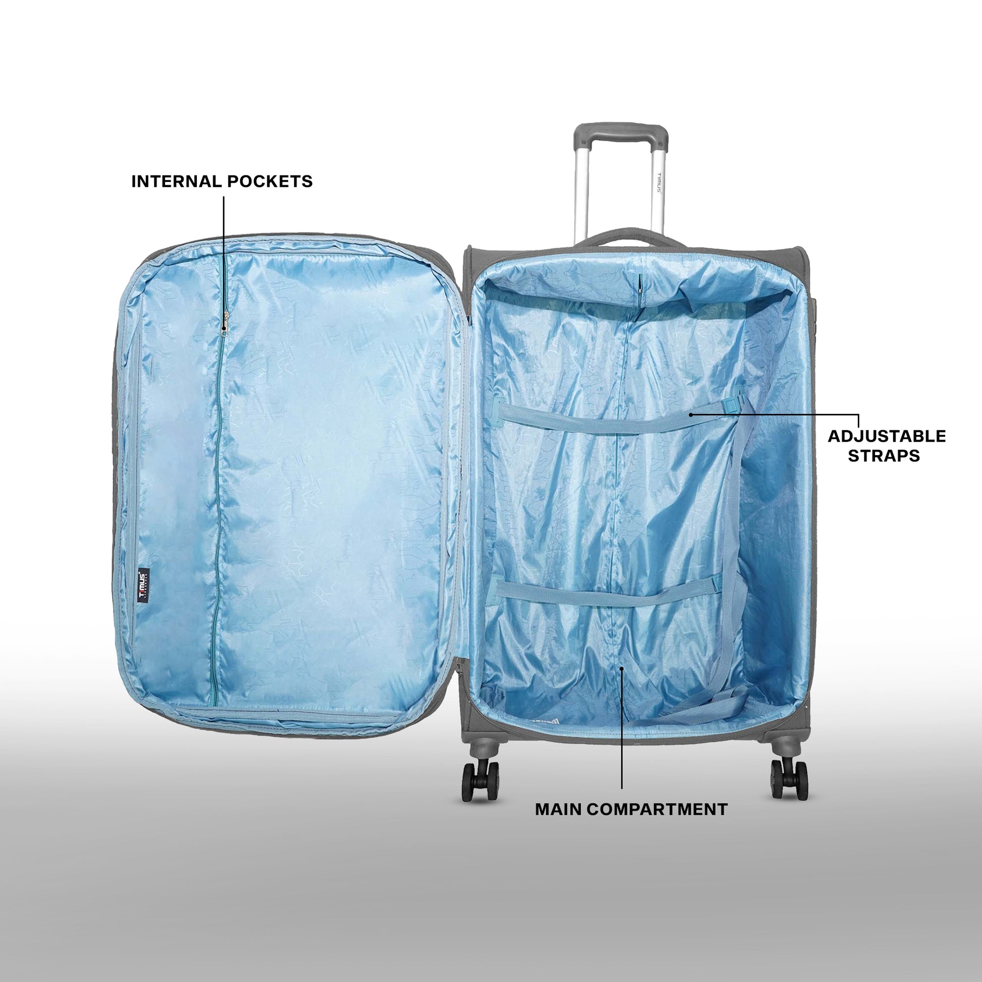Open interior of Timus Flash Plus grey luggage with spacious main compartment, straps, and mesh zip pocket.