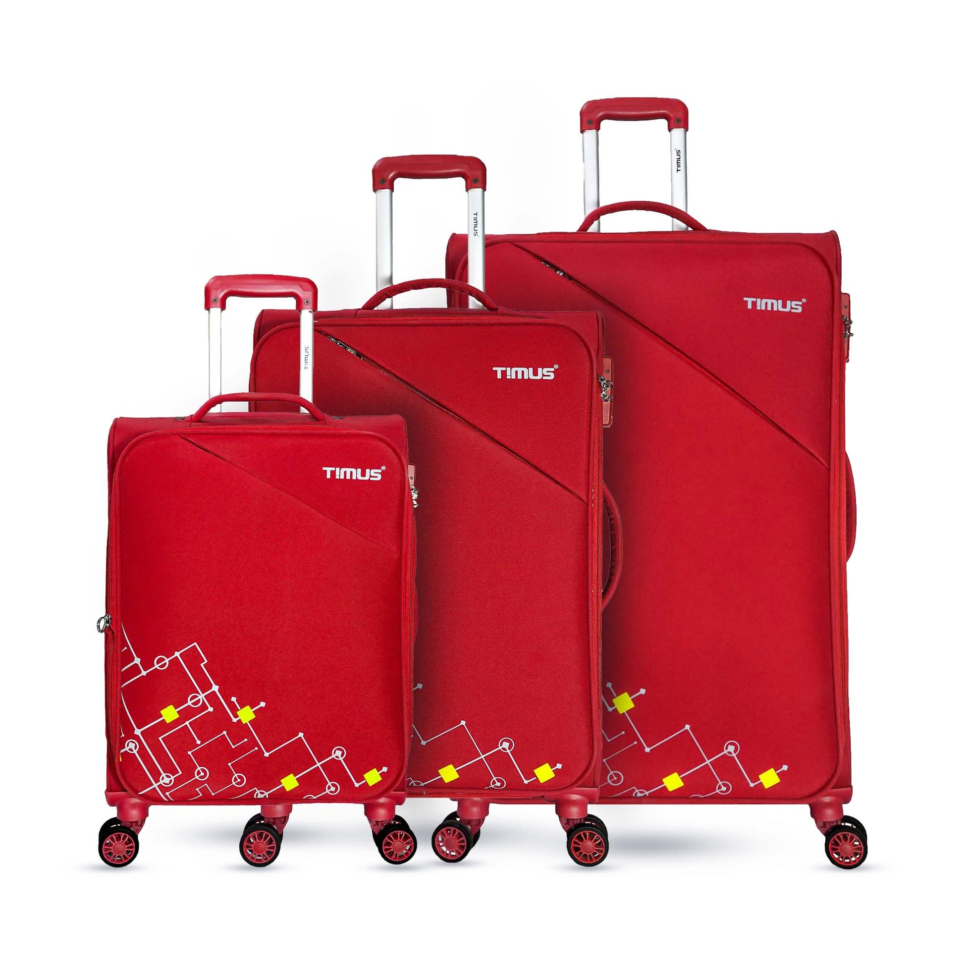 Front angled view of Timus Flash Plus red 3-piece luggage set (58cm, 68cm, 78cm) with expandable compartments, aluminium handles, and smooth 360° spinner wheels for all travel needs.