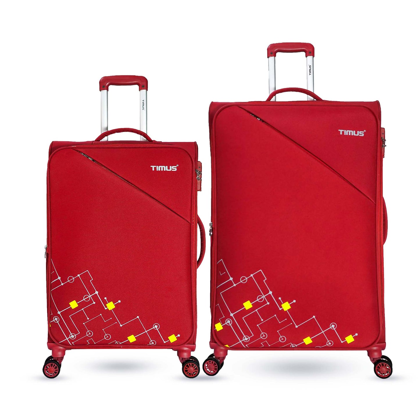 Front angled view of Timus Flash Plus red 68cm and 78cm soft trolley luggage combo featuring lightweight yet durable fabric, TSA lock, and easy-glide spinner wheels.