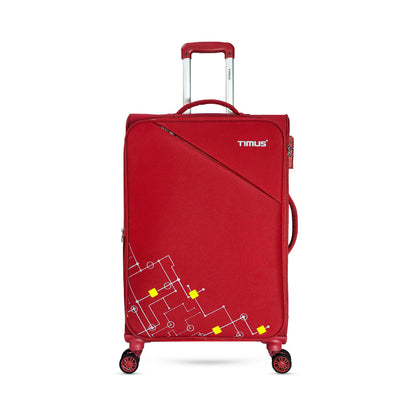 Front angled view of Timus Flash Plus red 68cm medium check-in soft trolley luggage featuring aluminium push-button handle, dual spinner wheels, and premium fabric finish.