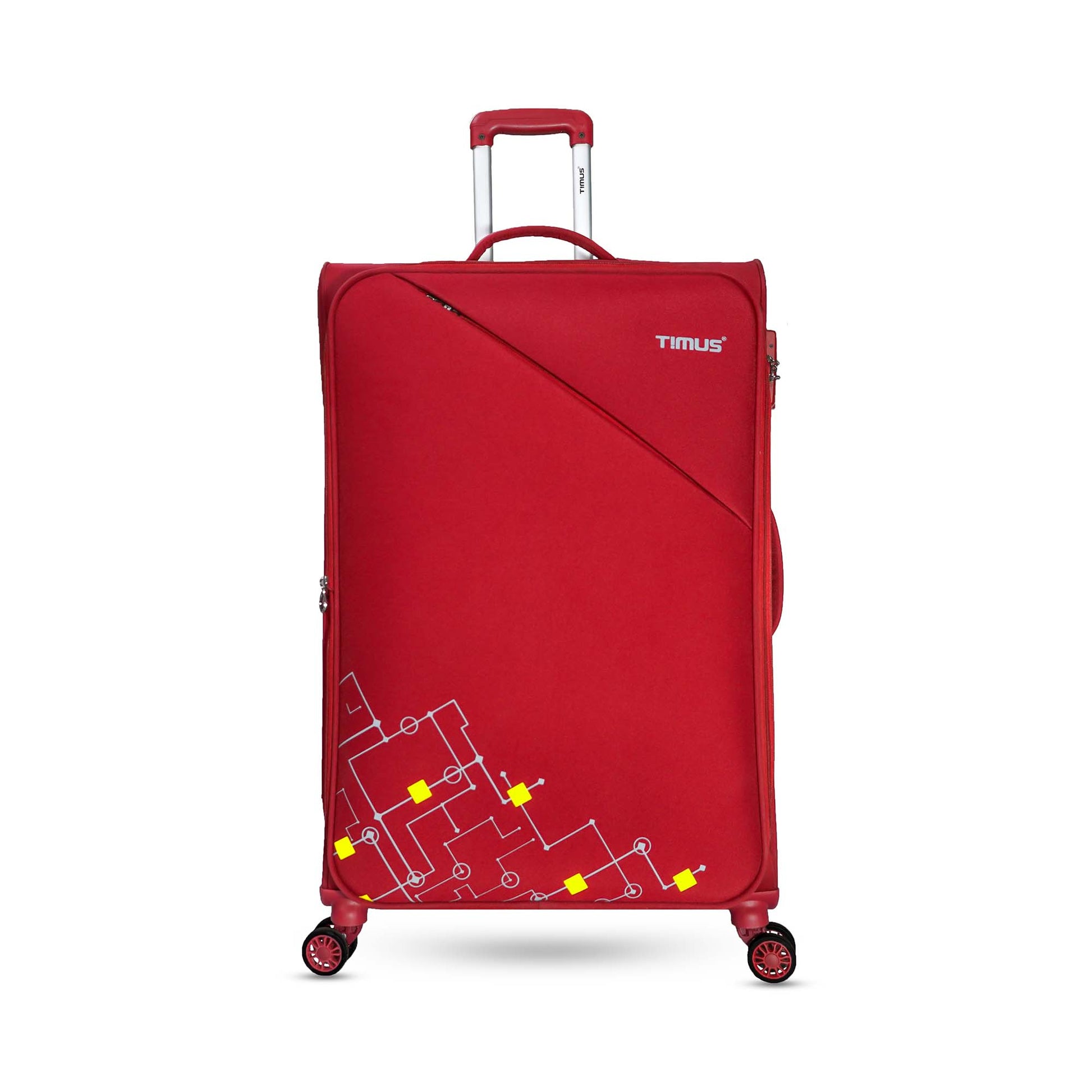 Front angled view of Timus Flash Plus red 78cm large check-in soft trolley luggage with aluminium push-button handle, dual spinner wheels, and elegant textured finish for long travels.