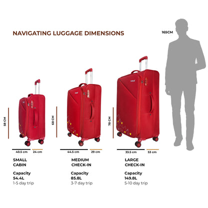 Dimension visual of Timus Flash Plus red soft luggage displaying proportions for 58cm, 68cm, and 78cm variants.