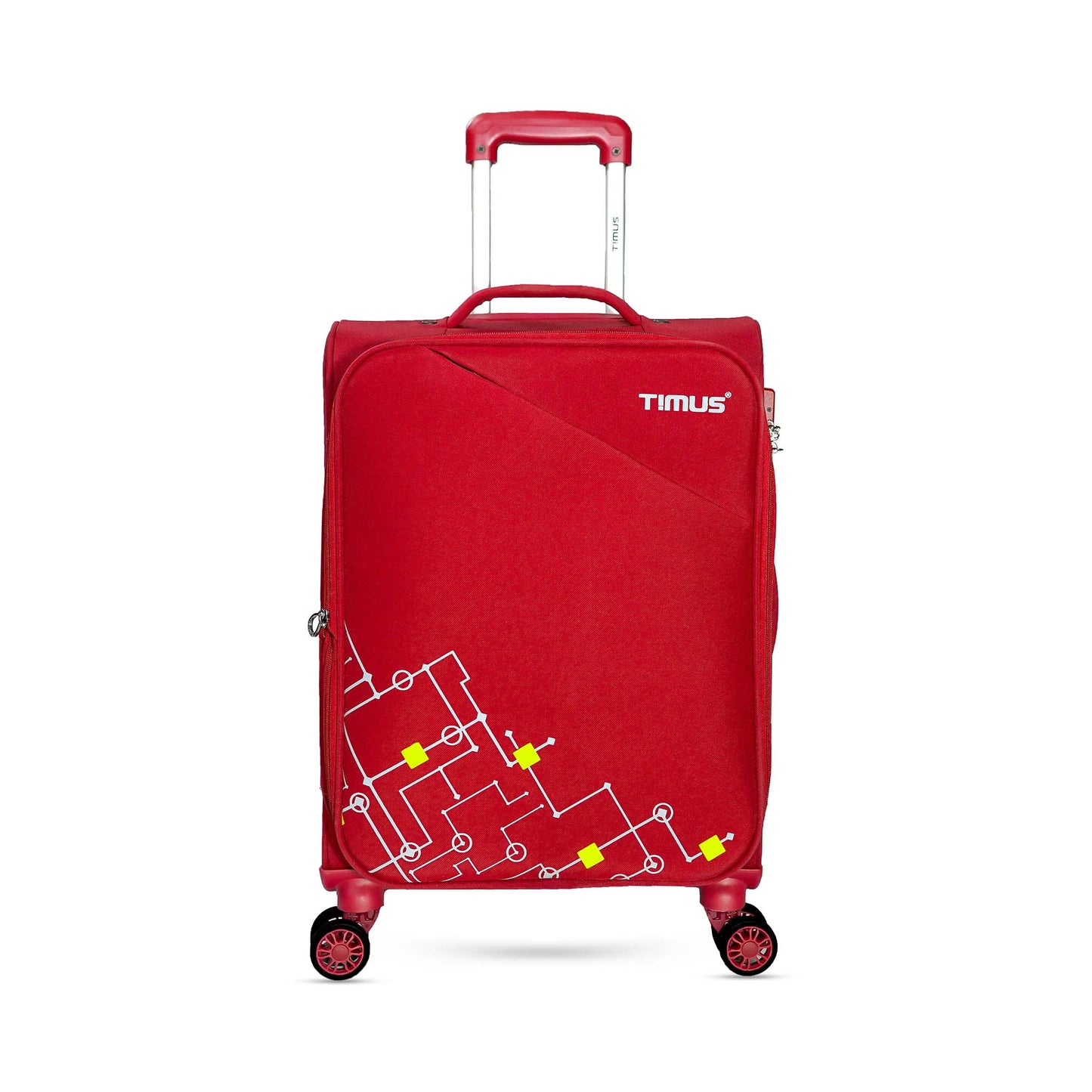 Front angled view of Timus Flash Plus red soft trolley luggage with aluminium push-button handle, dual spinner wheels, and premium finish.