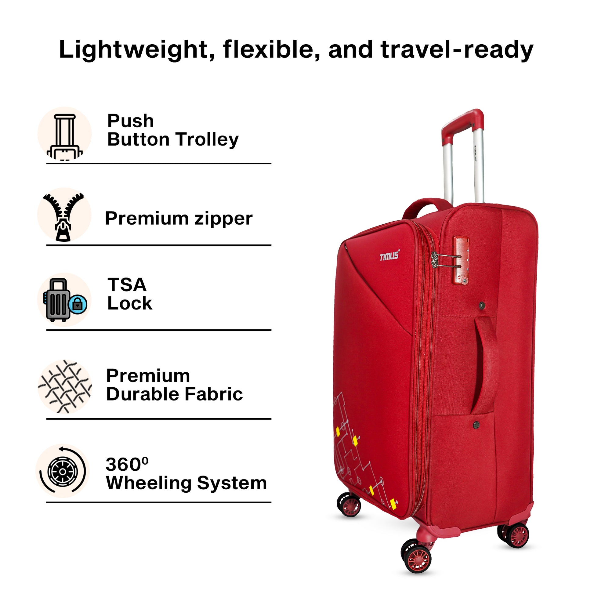 Timus Flash Plus red luggage beside icons showing TSA lock, 360° wheels, and durable fabric under “Lightweight, flexible, and travel-ready