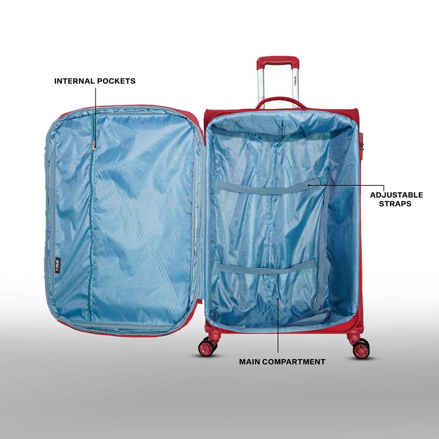 Open view of Timus Flash Plus red trolley luggage showing spacious compartments, organized storage, and compression straps.