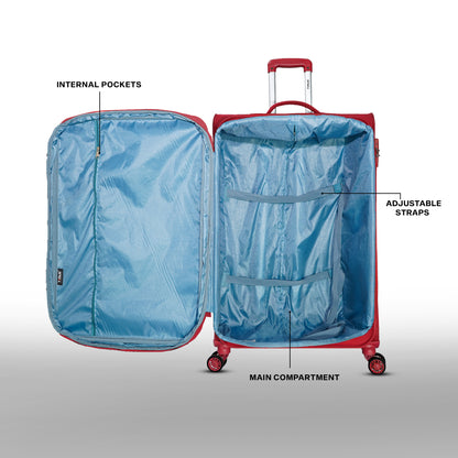Blue suitcase with red accents labeled for internal pockets, adjustable straps, and main compartment on a white background.