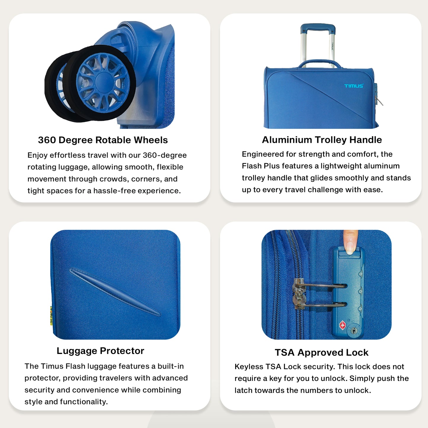 Four features of a blue suitcase with text descriptions on a white background