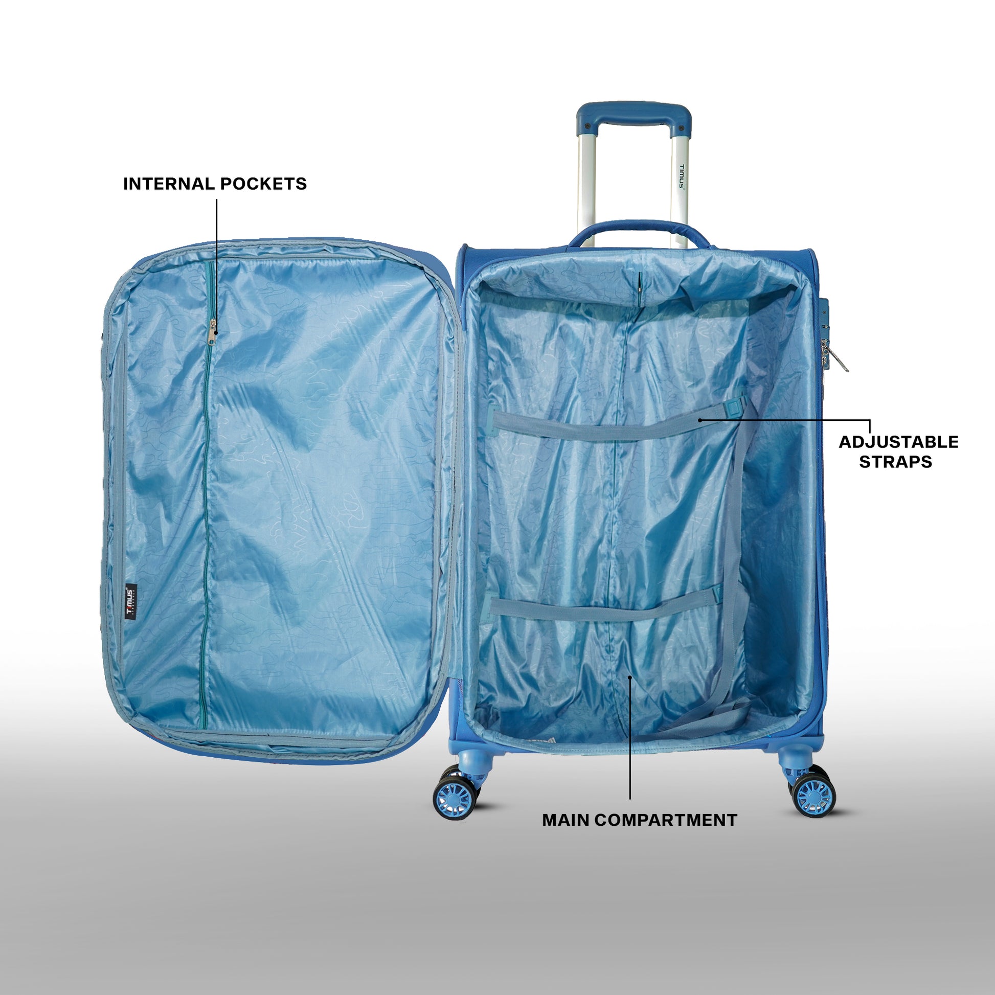 Blue suitcase with labeled features on a gray background