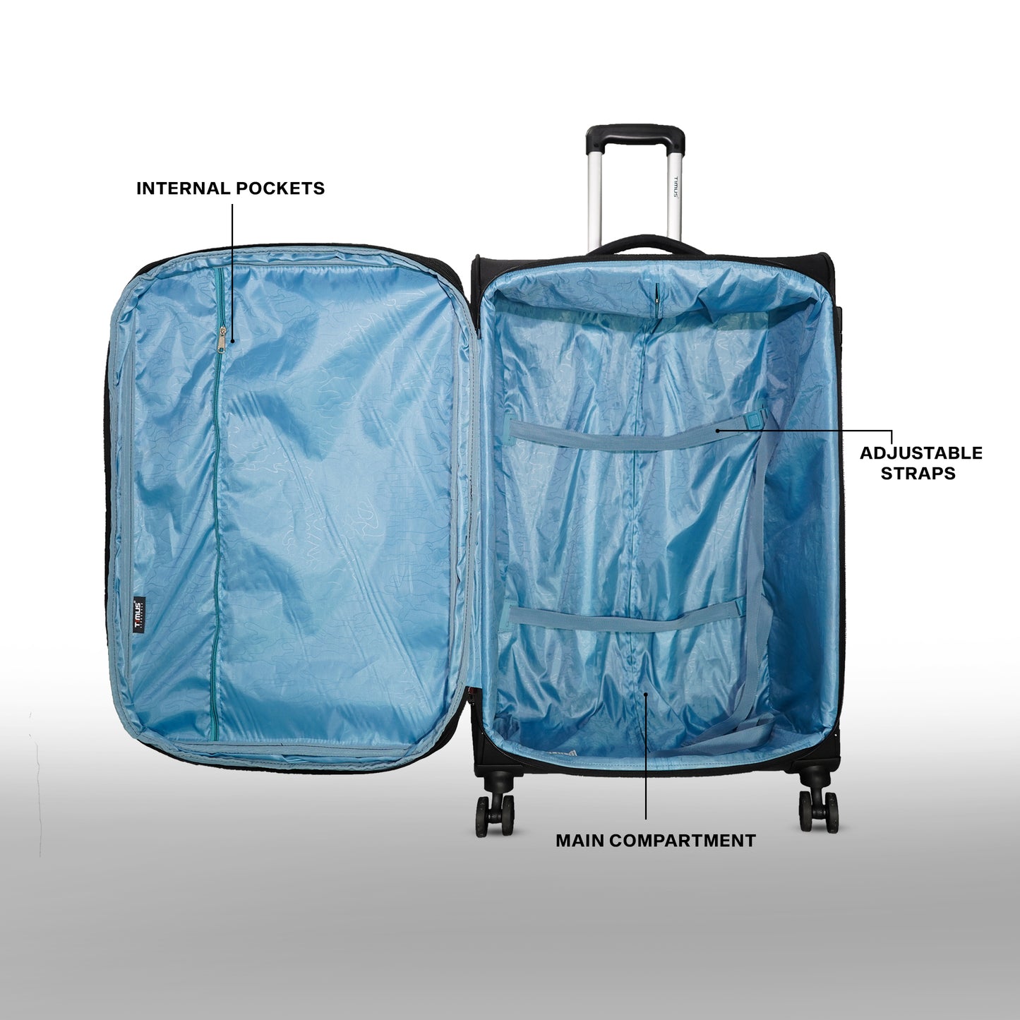 Blue suitcase with labeled features on a gray background