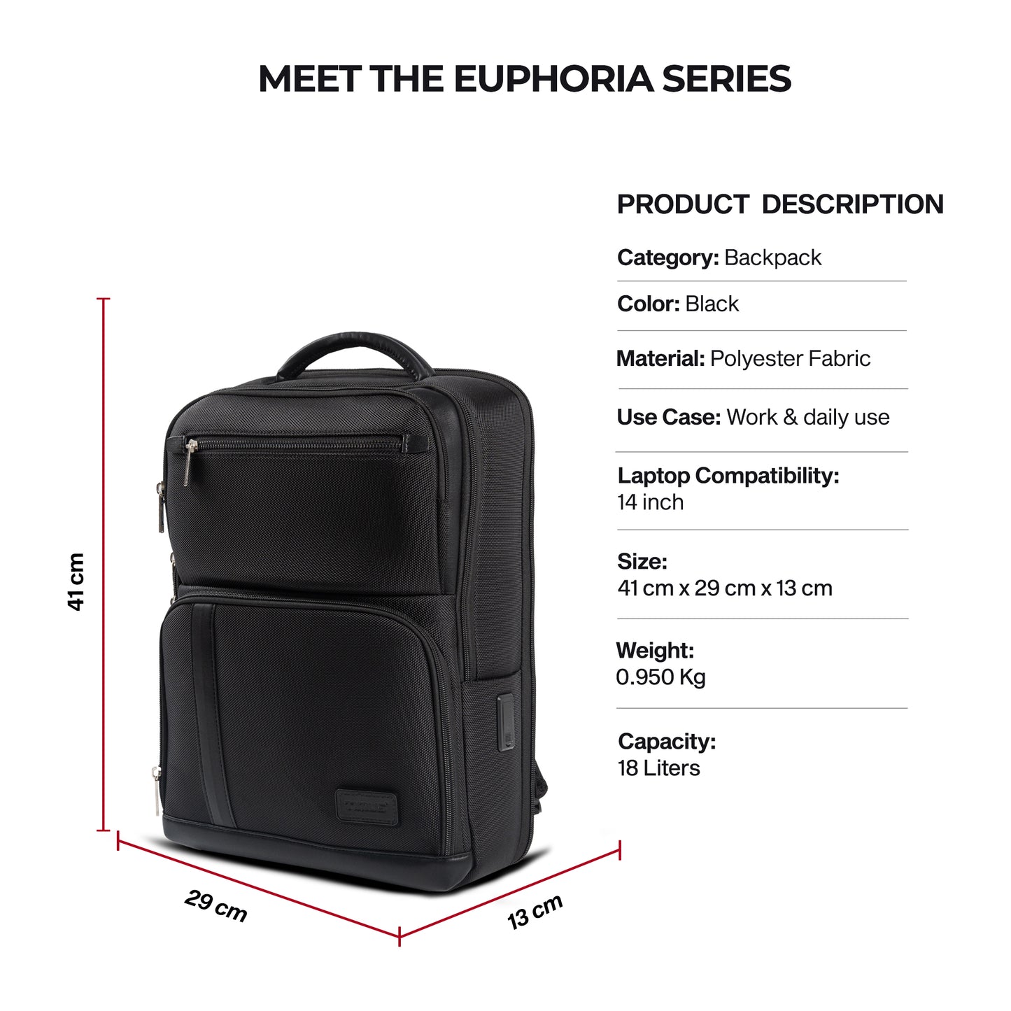 Timus Harvard Laptop Backpack dimension graphic showing length width height and 25L capacity