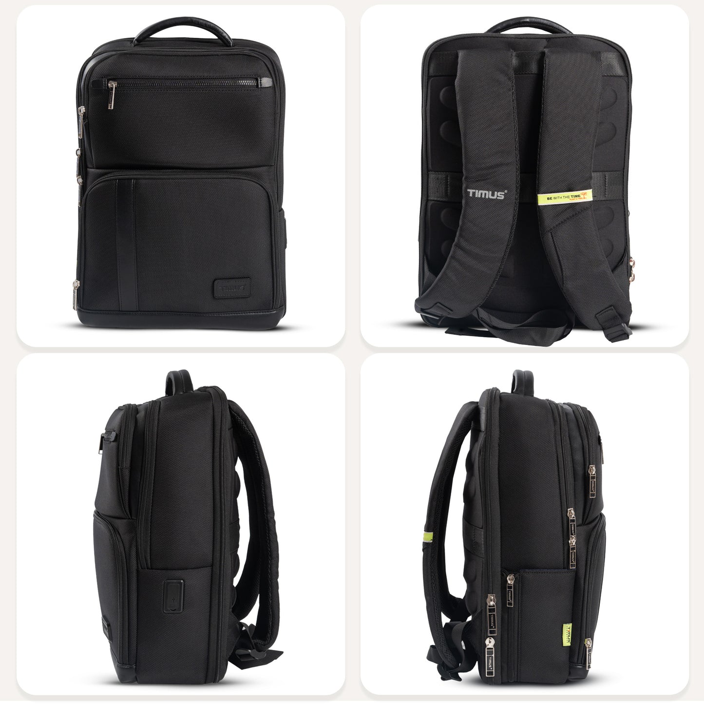 Timus Harvard Laptop Backpack front view, back view with trolley sleeve, left side view, right side view, top view with leather handle, bottom view sturdy base