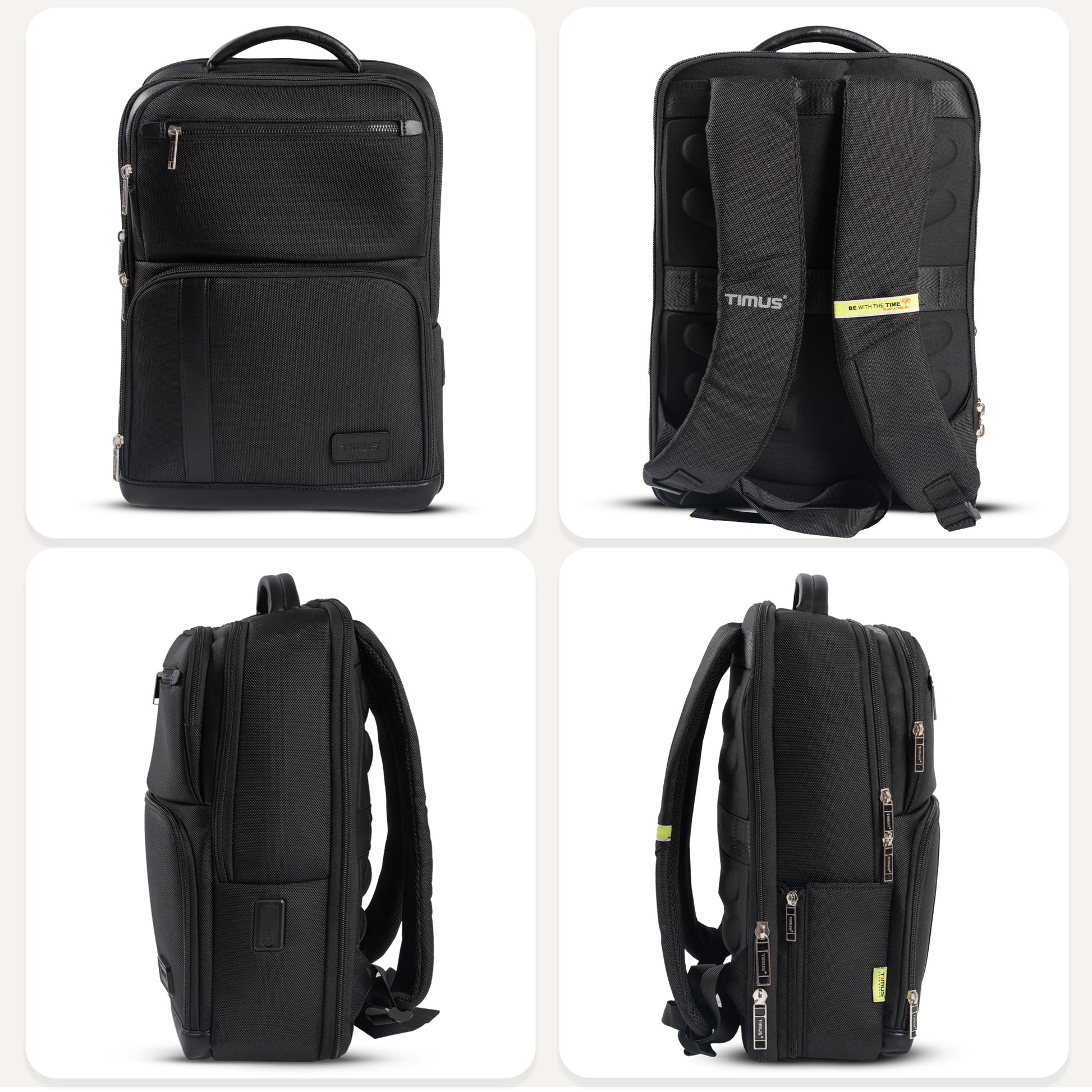 Timus Harvard Laptop Backpack front view, back view with trolley sleeve, left side view, right side view, top view with leather handle, bottom view sturdy base