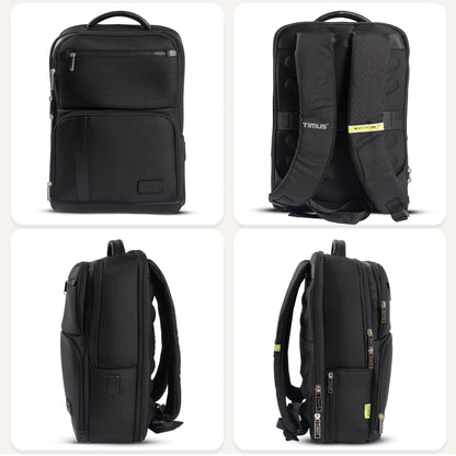 Timus Harvard Laptop Backpack front view, back view with trolley sleeve, left side view, right side view, top view with leather handle, bottom view sturdy base
