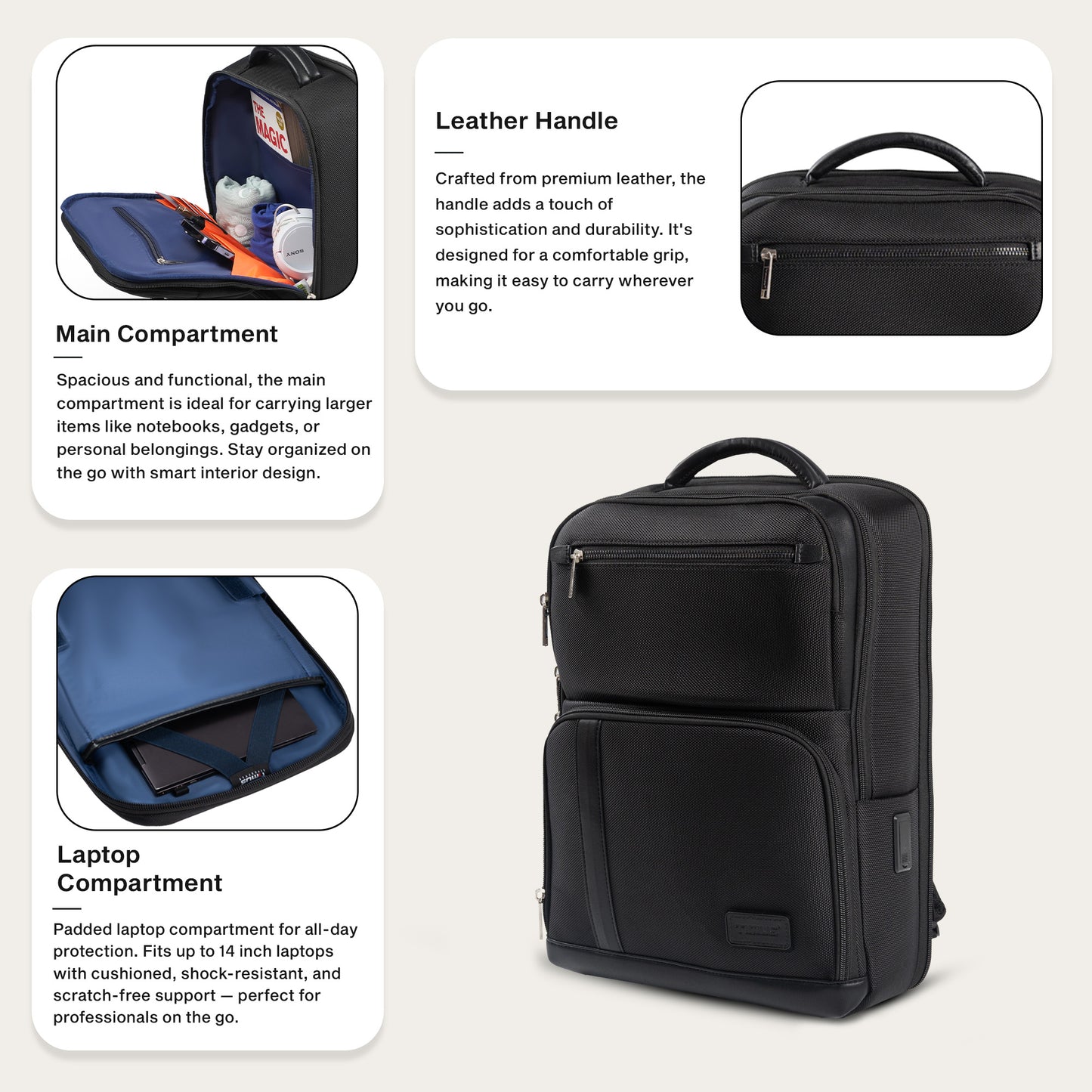 Timus Harvard Laptop Backpack with USB port, water-resistant, padded straps, multiple pockets, trolley sleeve, laptop sleeve, leather handle