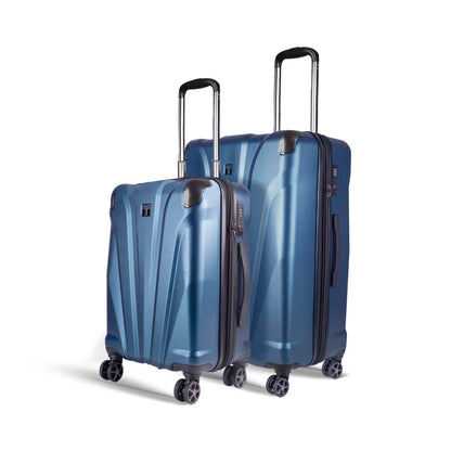 Left angled view of Timus Leolite blue hard shell trolley luggage set (58 cm & 68 cm) featuring aluminium push-button trolley handles, TSA-approved locks, and smooth spinner wheels.