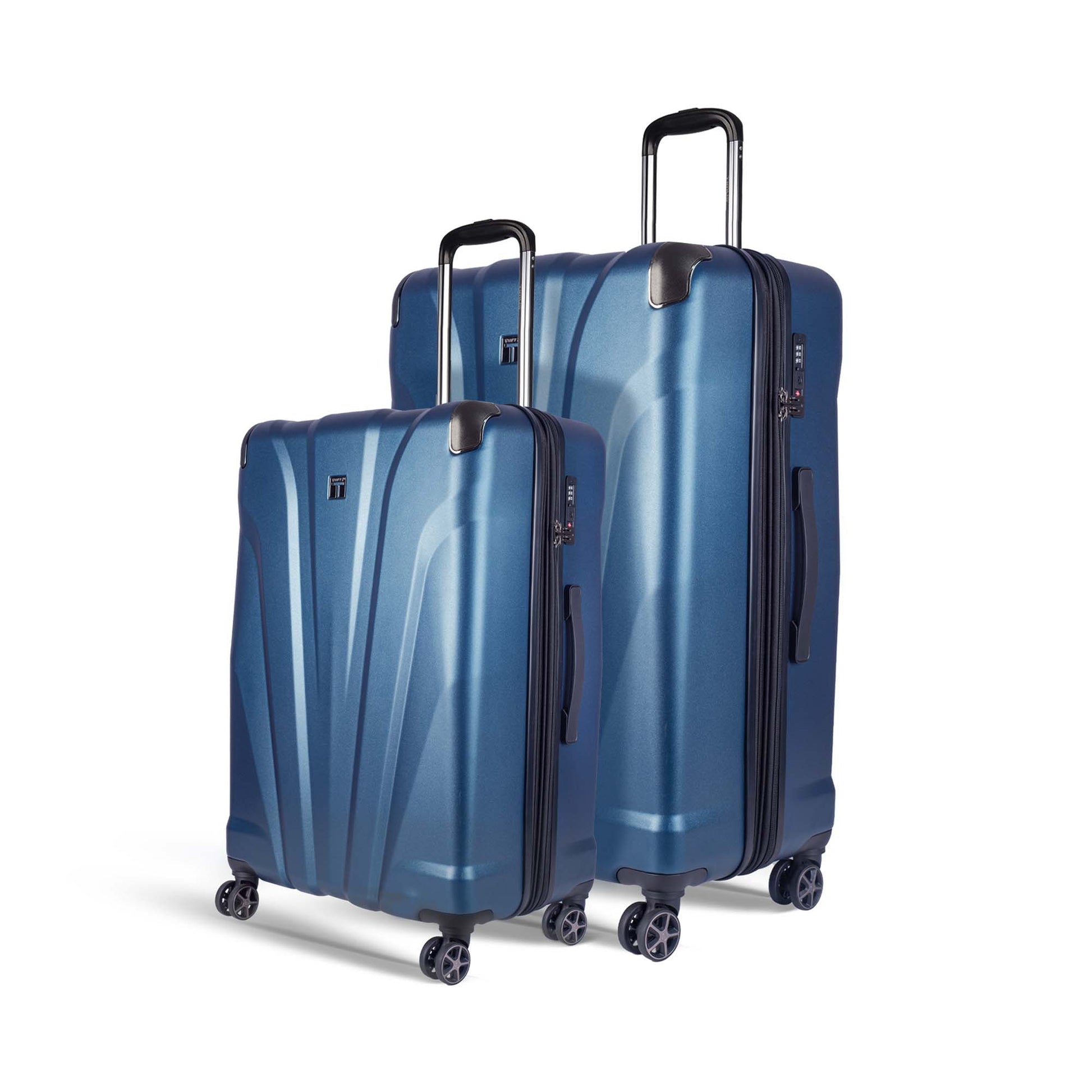 Left angled view of Timus Leolite blue hard trolley luggage combo (68 cm & 78 cm) highlighting aluminium push-button trolley handles and dual spinner wheels.