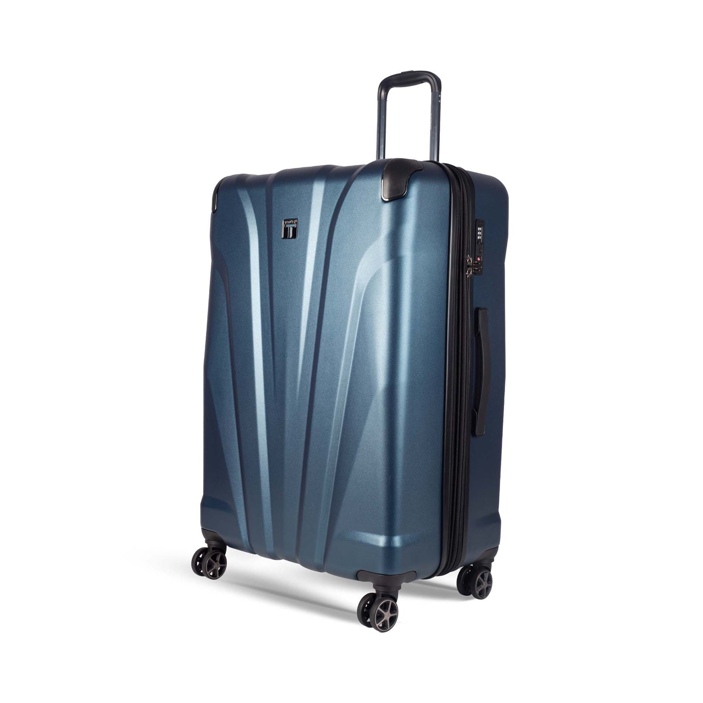 Left angled view of Timus Leolite blue 78 cm expandable hard shell trolley luggage featuring aluminum push-button handle, TSA-approved lock, and silent dual spinner wheels. 