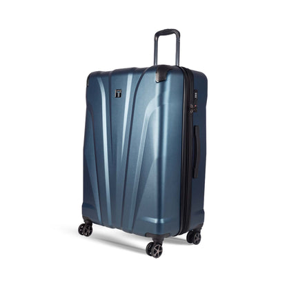 Left angled view of Timus Leolite blue 78 cm expandable hard shell trolley luggage featuring aluminum push-button handle, TSA-approved lock, and silent dual spinner wheels. 