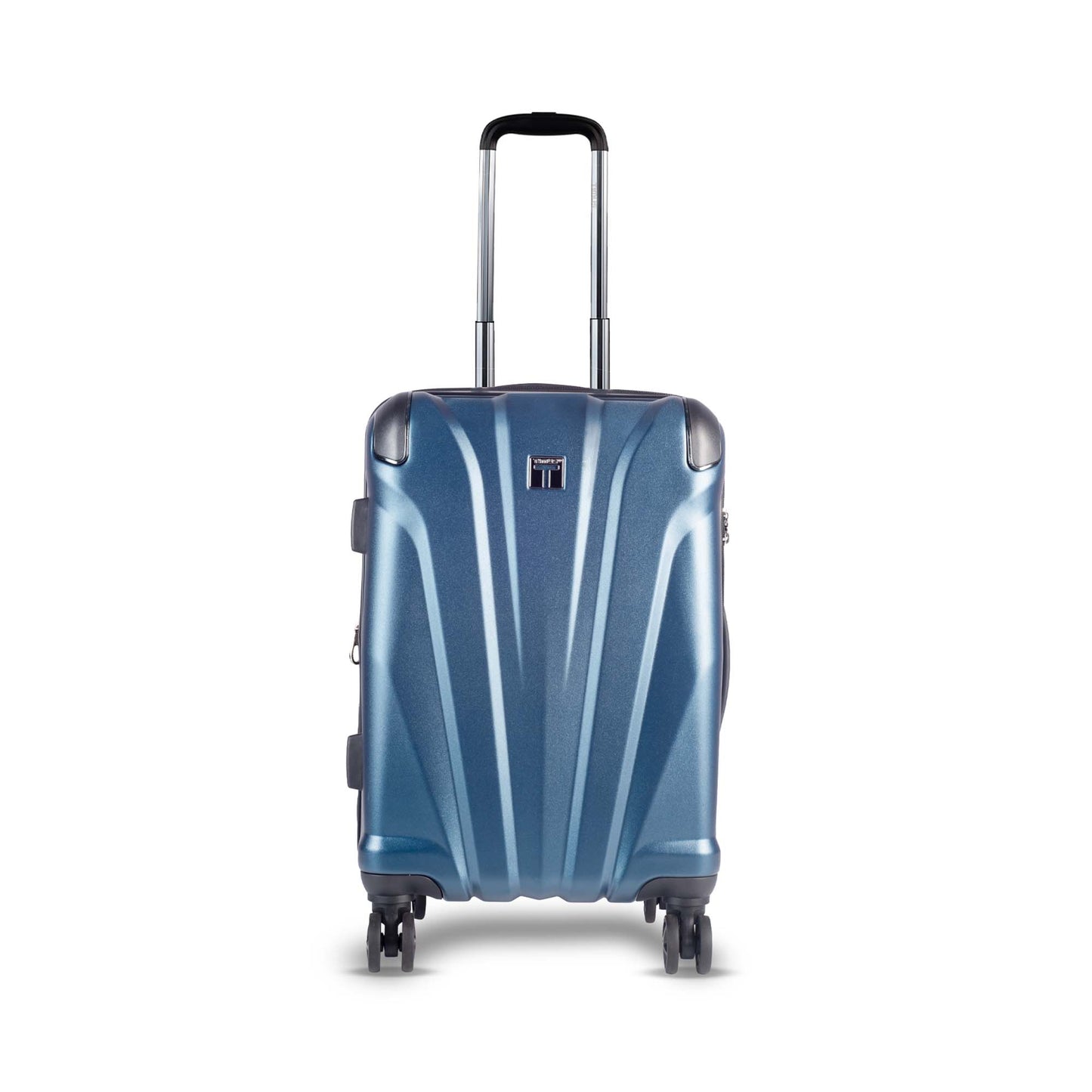 Front view of Timus Leolite blue hard shell trolley luggage showcasing push-button handle, sleek design, and 360° spinner wheels.