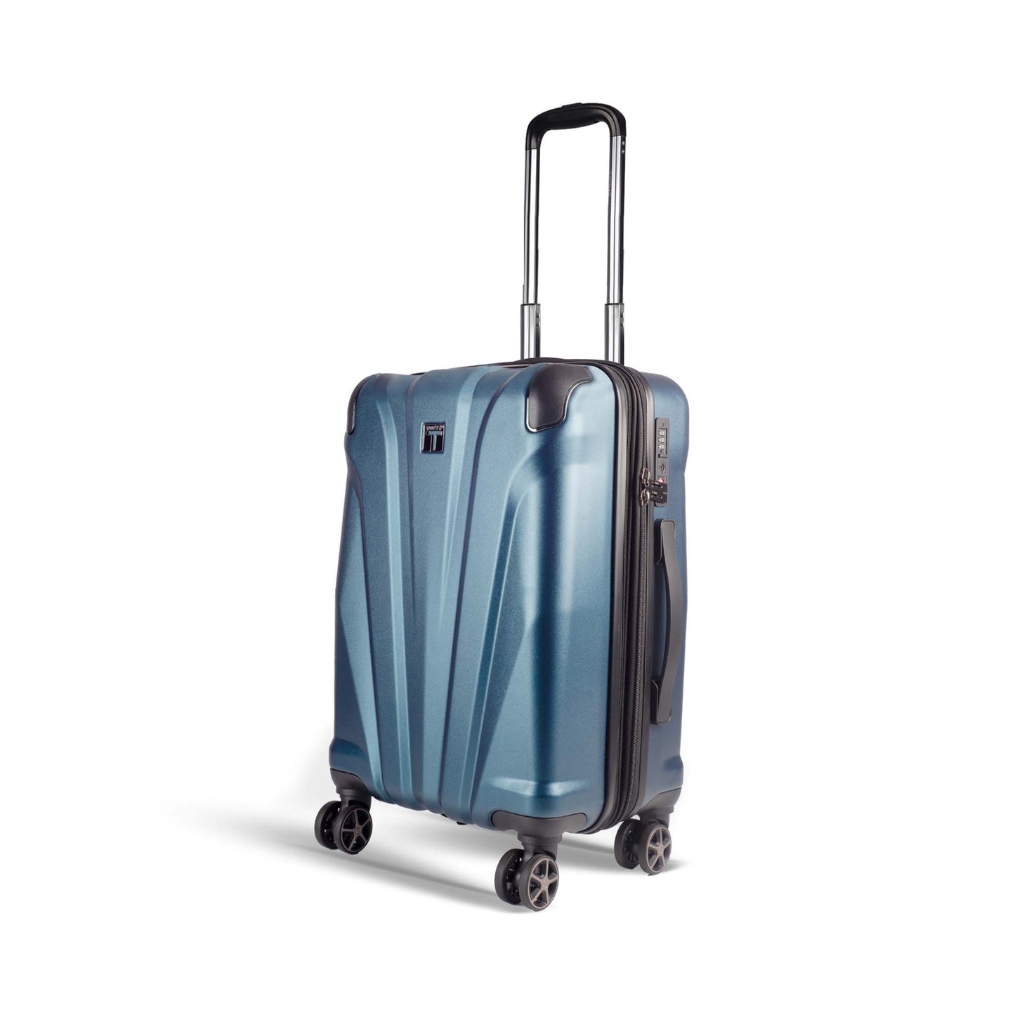 Left angled view of Timus Leolite blue expandable hard shell trolley luggage featuring aluminum push-button handle, TSA-approved lock, and silent dual spinner wheels.