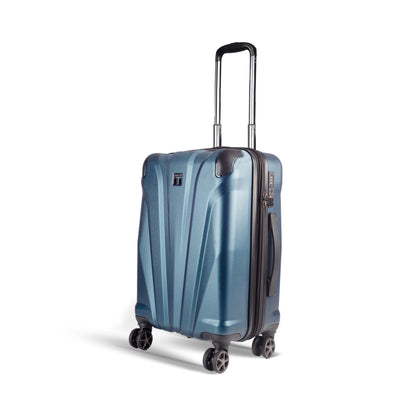 Left angled view of Timus Leolite blue expandable hard shell trolley luggage featuring aluminum push-button handle, TSA-approved lock, and silent dual spinner wheels.