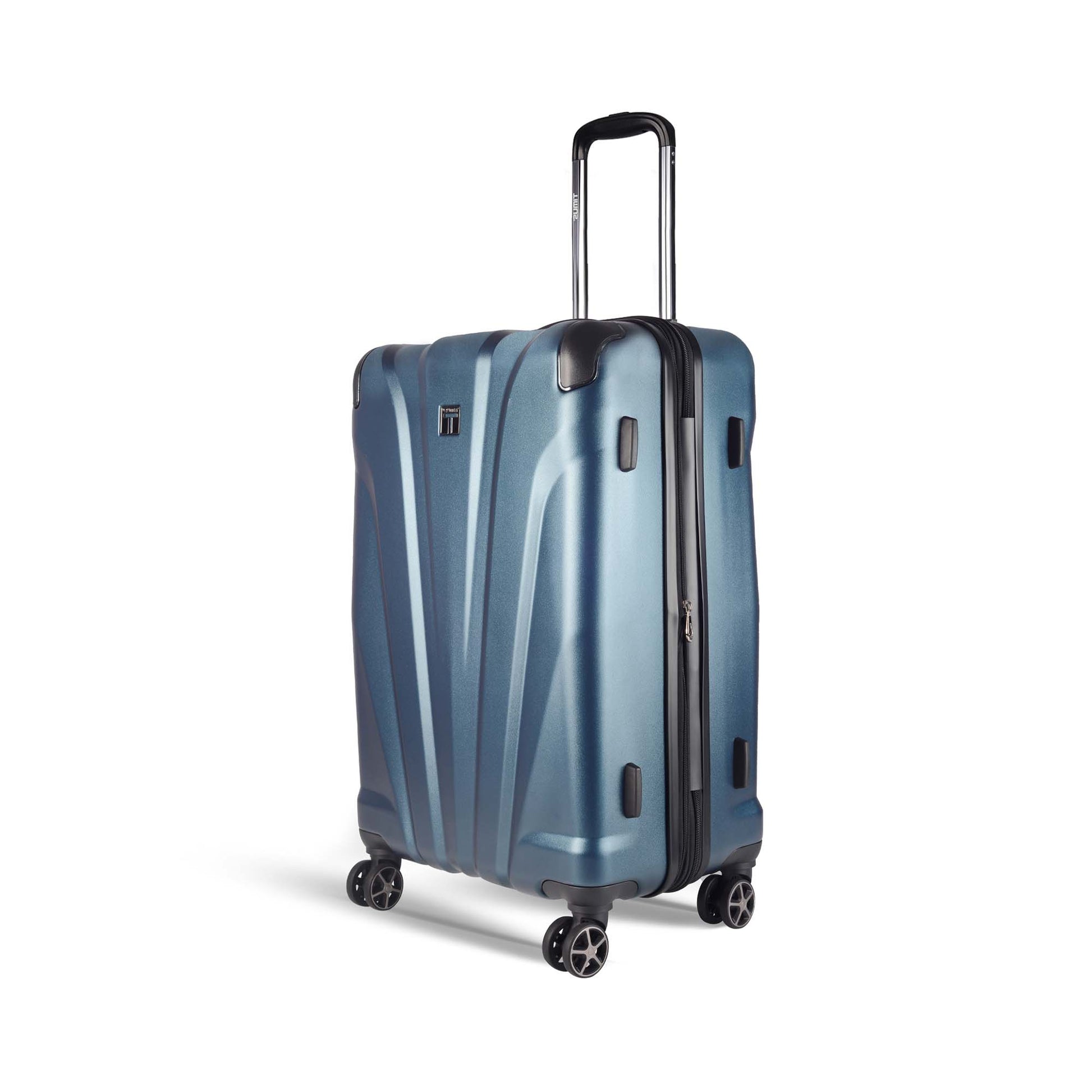 Left angled view of Timus Leolite blue 68 cm expandable hard shell trolley luggage featuring aluminum push-button handle, TSA-approved lock, and silent dual spinner wheels. 