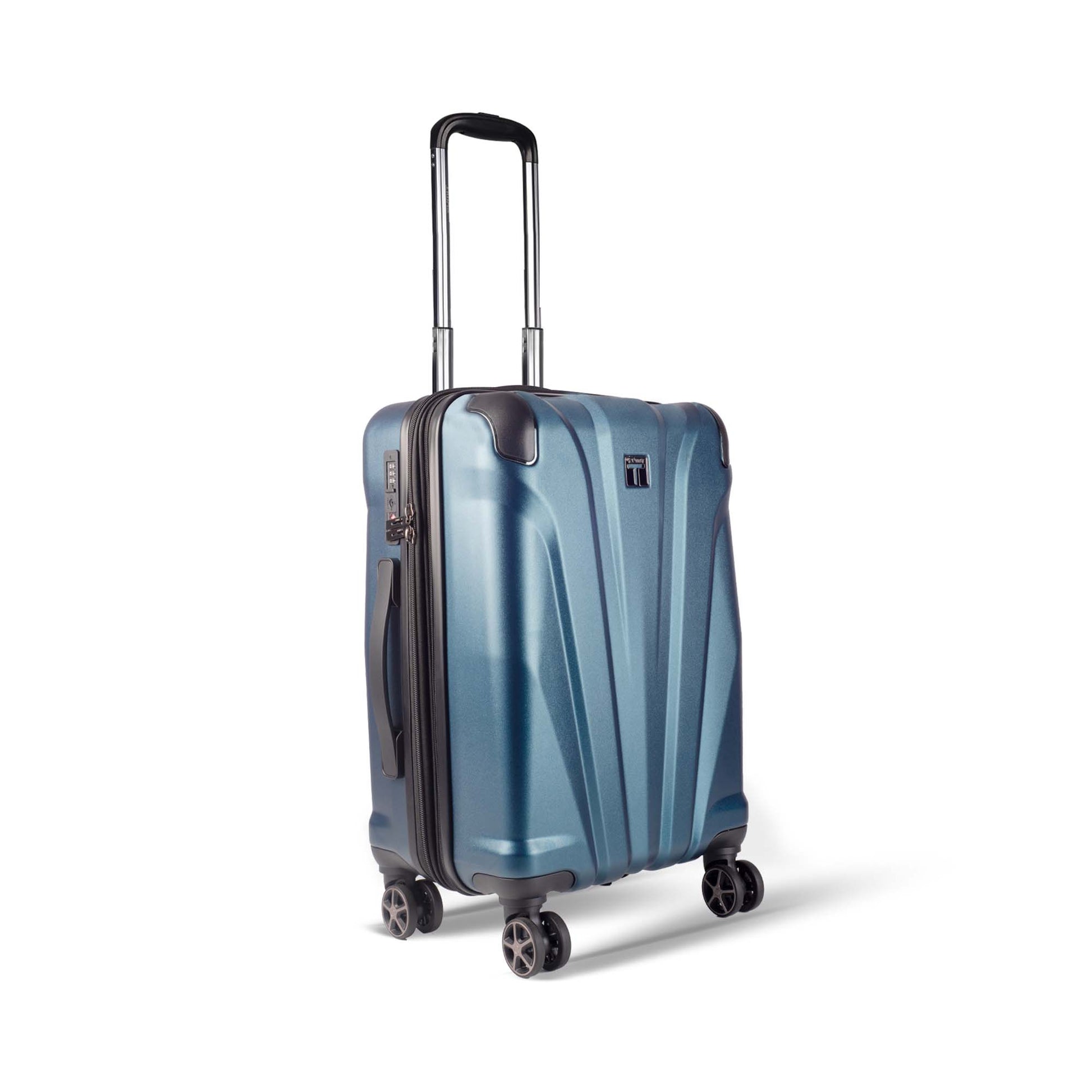 Right angled view of Timus Leolite blue expandable trolley luggage highlighting aluminum handle, smooth spinner wheels, and textured shell finish.