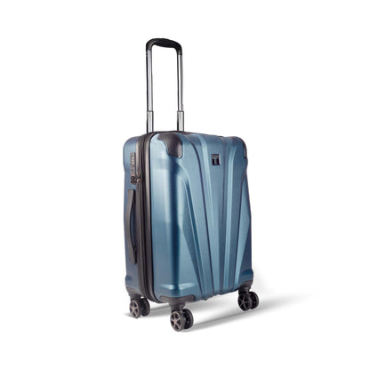 Right angled view of Timus Leolite blue expandable trolley luggage highlighting aluminum handle, smooth spinner wheels, and textured shell finish.