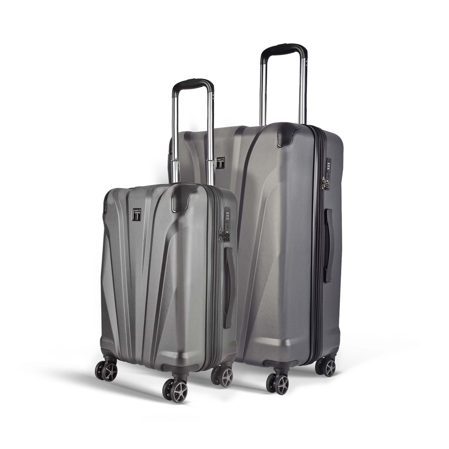 Left angled view of Timus Leolite grey hard shell luggage set (58 cm & 68 cm) featuring aluminium push-button trolley handles, TSA-approved locks, and spinner wheels.