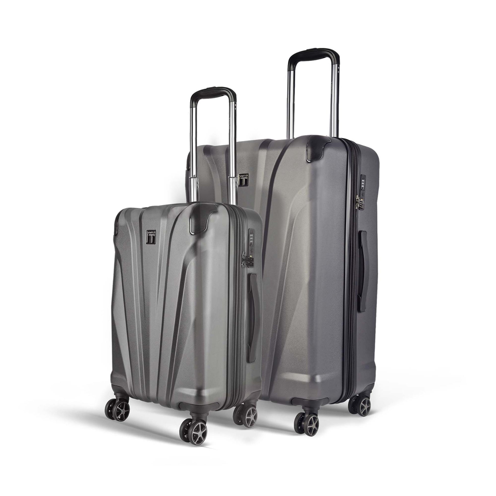 Left angled view of Timus Leolite grey hard shell luggage set (58 cm & 68 cm) featuring aluminium push-button trolley handles, TSA-approved locks, and spinner wheels.