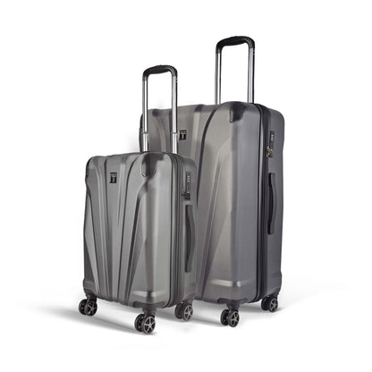 Left angled view of Timus Leolite grey hard shell luggage set (58 cm & 68 cm) featuring aluminium push-button trolley handles, TSA-approved locks, and spinner wheels.