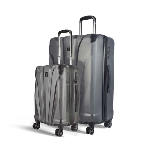 Left angled view of Timus Leolite grey trolley luggage set (58 cm & 78 cm) highlighting durable polycarbonate shell, TSA locks, and silent spinner wheels.