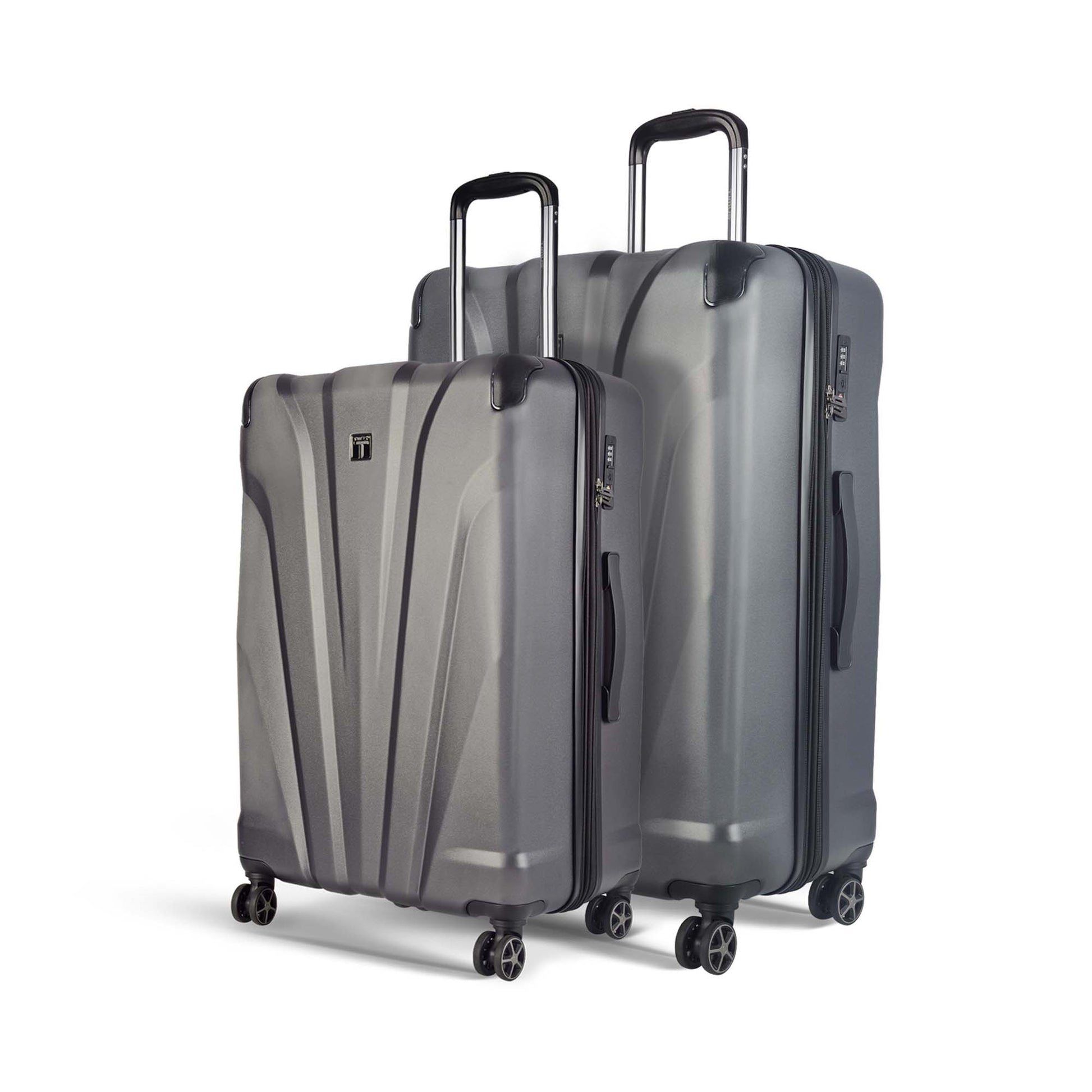 Left angled view of Timus Leolite grey hard trolley luggage combo (68 cm & 78 cm) showcasing aluminium trolley handles, corner guards, and dual spinner wheels.