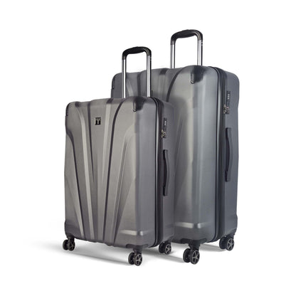 Left angled view of Timus Leolite grey hard trolley luggage combo (68 cm & 78 cm) showcasing aluminium trolley handles, corner guards, and dual spinner wheels.