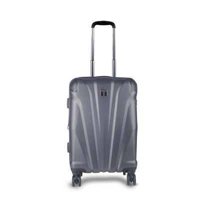 Front view of Timus Leolite grey hard trolley luggage showing push-button handle, sleek shell texture, and durable spinner wheels.
