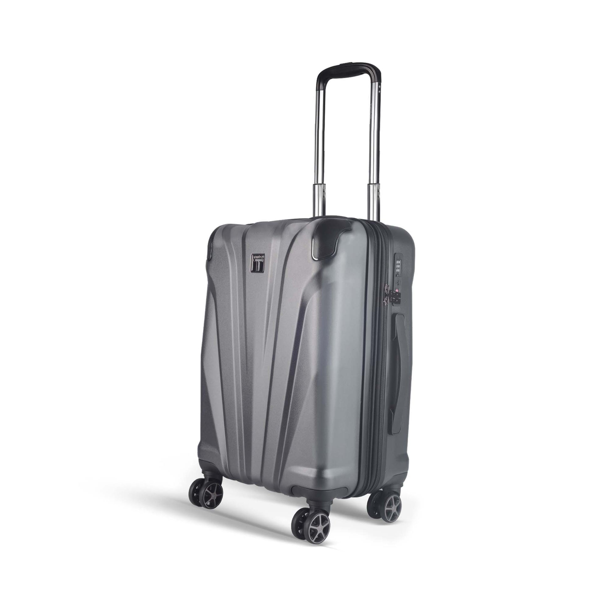 Left angled view of Timus Leolite grey expandable hard trolley luggage featuring aluminum handle, TSA-approved lock, and dual spinner wheels.