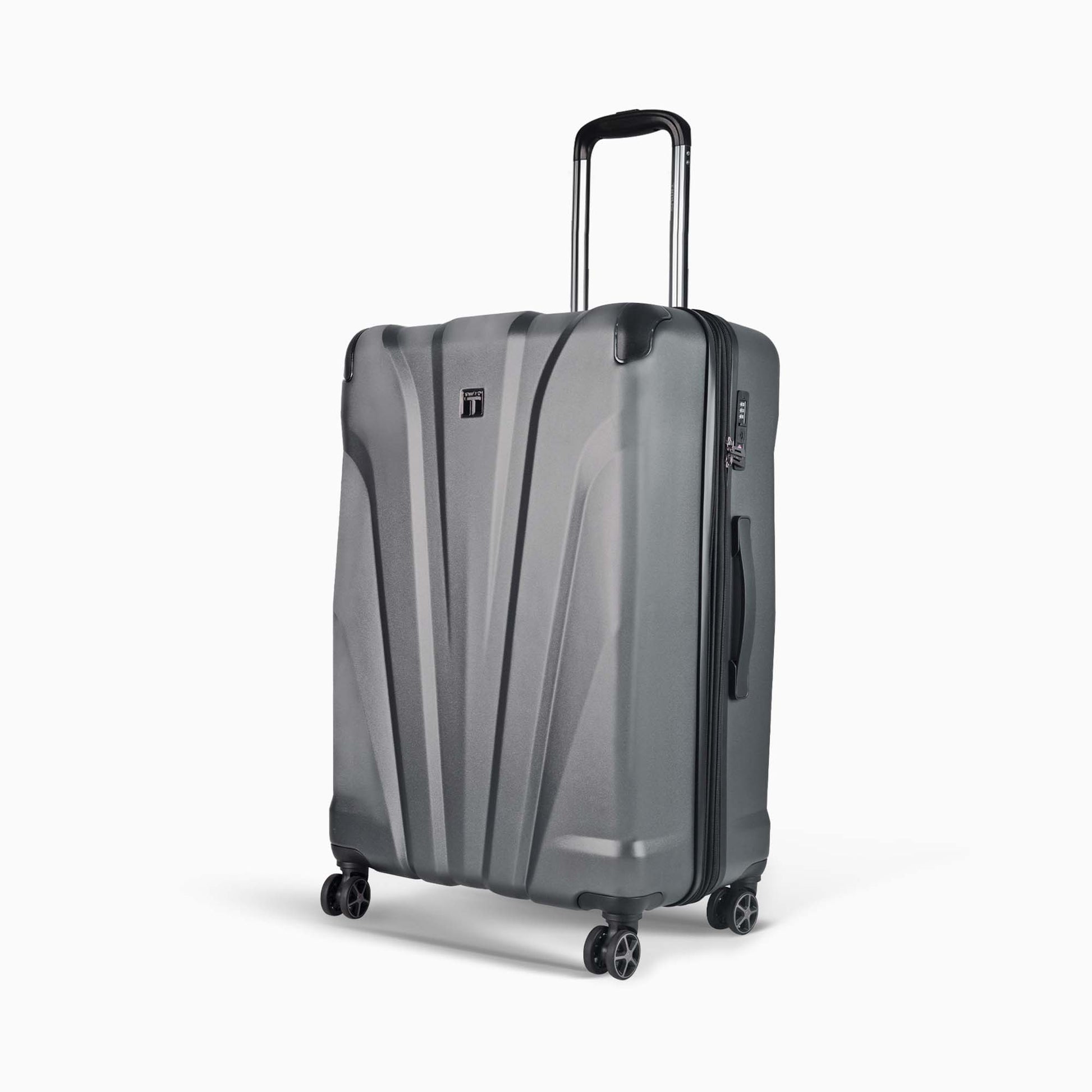 Left angled view of Timus Leolite  68 cm grey expandable hard trolley luggage featuring aluminum handle, TSA-approved lock, and dual spinner wheels.