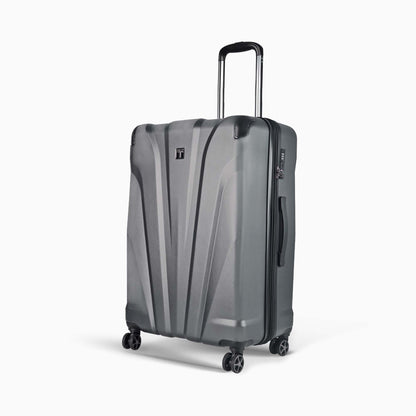 Left angled view of Timus Leolite  68 cm grey expandable hard trolley luggage featuring aluminum handle, TSA-approved lock, and dual spinner wheels.