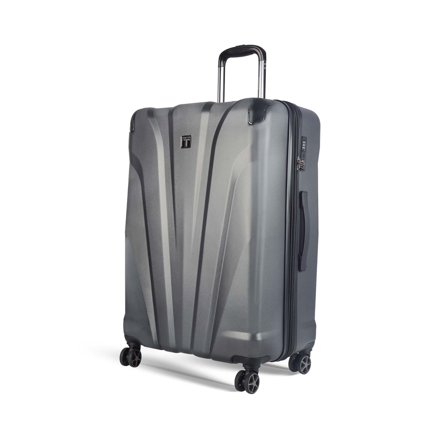Left angled view of Timus Leolite 78 cm grey expandable hard trolley luggage featuring aluminum handle, TSA-approved lock, and dual spinner wheels.
