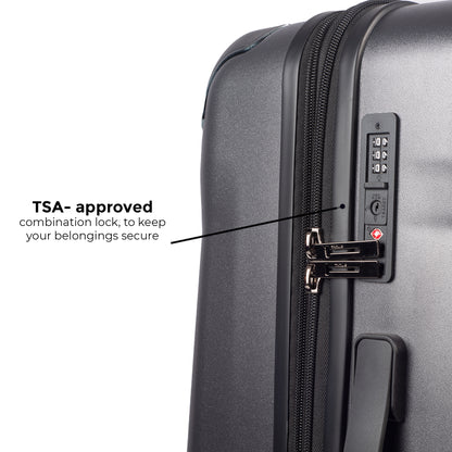 Close-up of TSA lock on Timus Leolite grey luggage showcasing fine detailing and premium zipper system