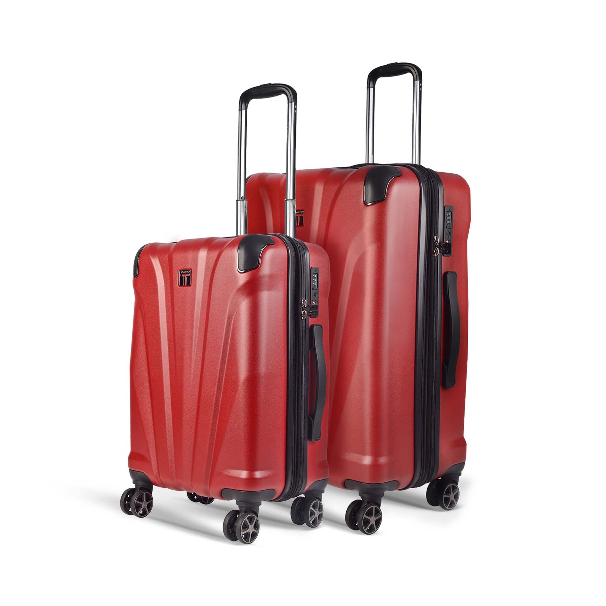 Left angled view of Timus Leolite red hard shell trolley luggage set (58 cm & 68 cm) featuring aluminium push-button trolley handles, TSA-approved locks, and silent spinner wheels on a white background.