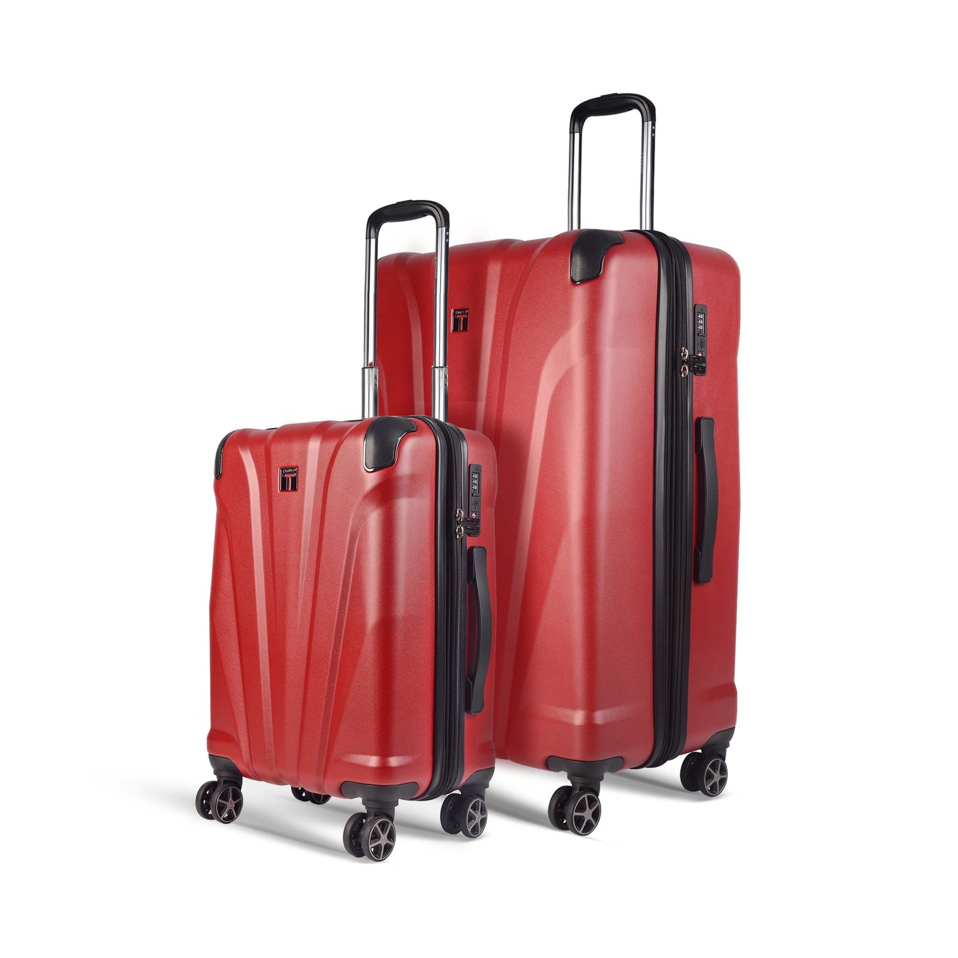 Left angled view of Timus Leolite red hard shell trolley luggage set (58 cm & 78 cm) showing sturdy aluminium trolley handles, secure TSA locks, and smooth double spinner wheels.